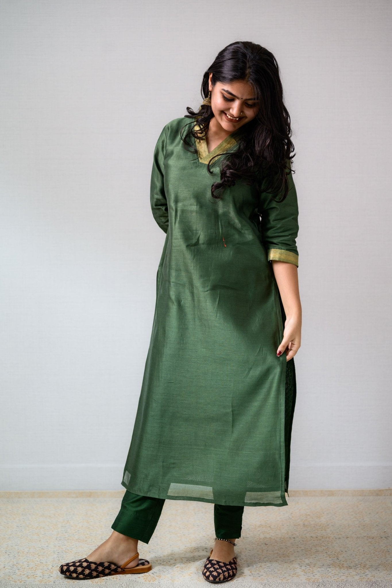 Green Maheshwari Silk Kurta - Lobha Deepthis