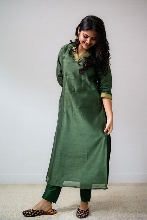 Green Maheshwari Silk Kurta - Lobha Deepthis