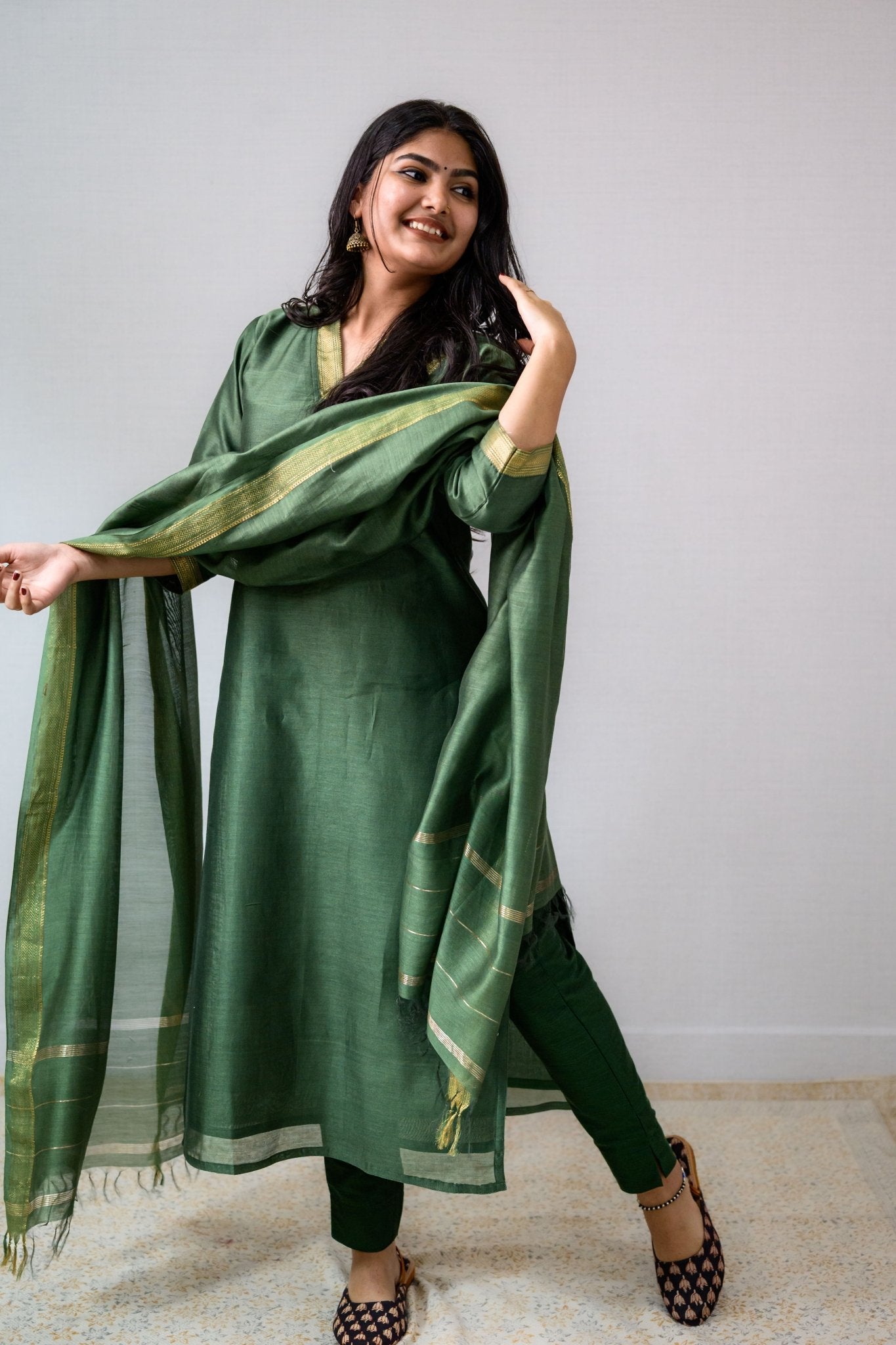 Green Maheshwari Silk Kurta - Lobha Deepthis