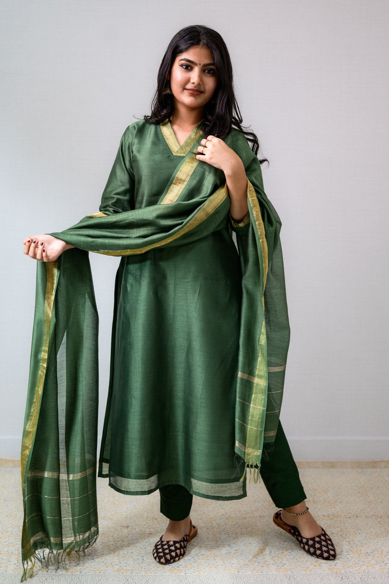 Green Maheshwari Silk Kurta - Lobha Deepthis