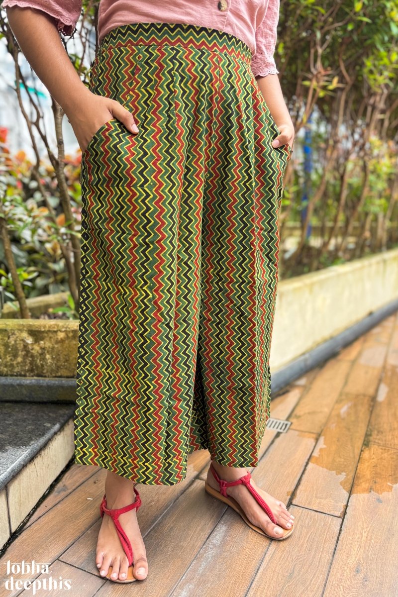 Green - Red Zig Zag Ajrakh Short Palazzo - Lobha Deepthis