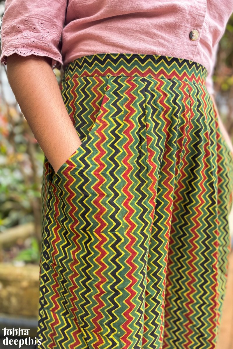Green - Red Zig Zag Ajrakh Short Palazzo - Lobha Deepthis