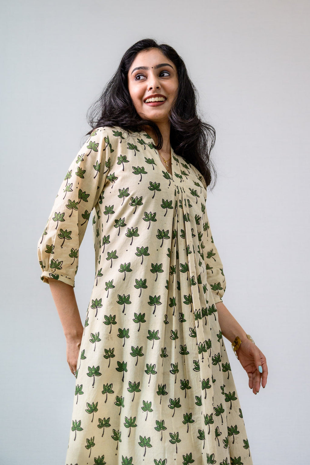 Green Tamara Ivory Front Pleated Dress - Lobha Deepthis