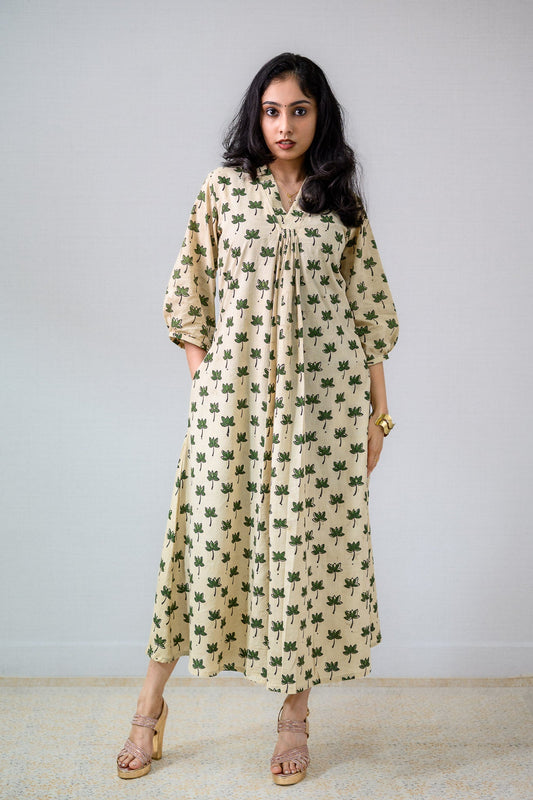Green Tamara Ivory Front Pleated Dress - Lobha Deepthis