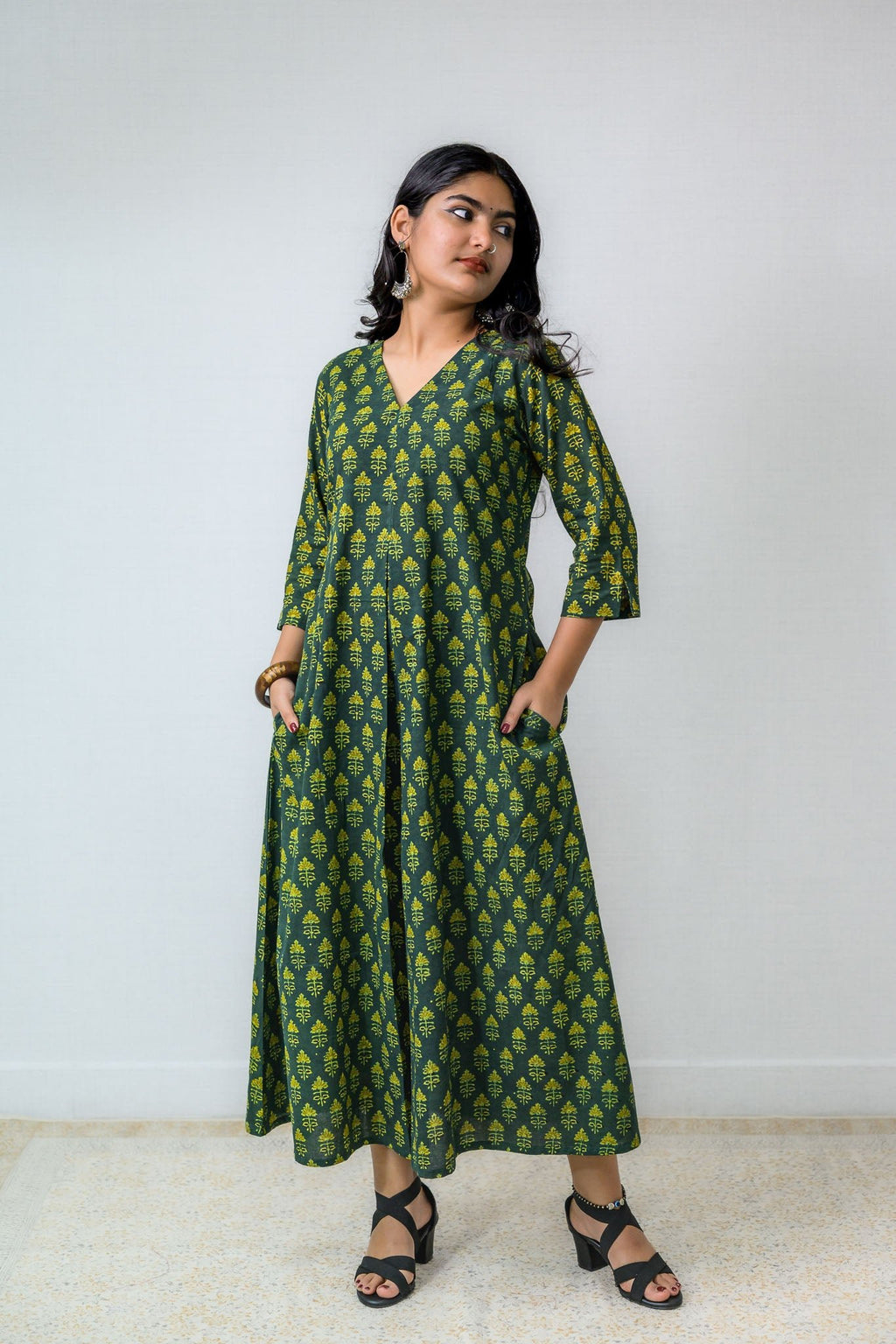 Green Tulips Ajrakh Cotton Dress - Lobha Deepthis