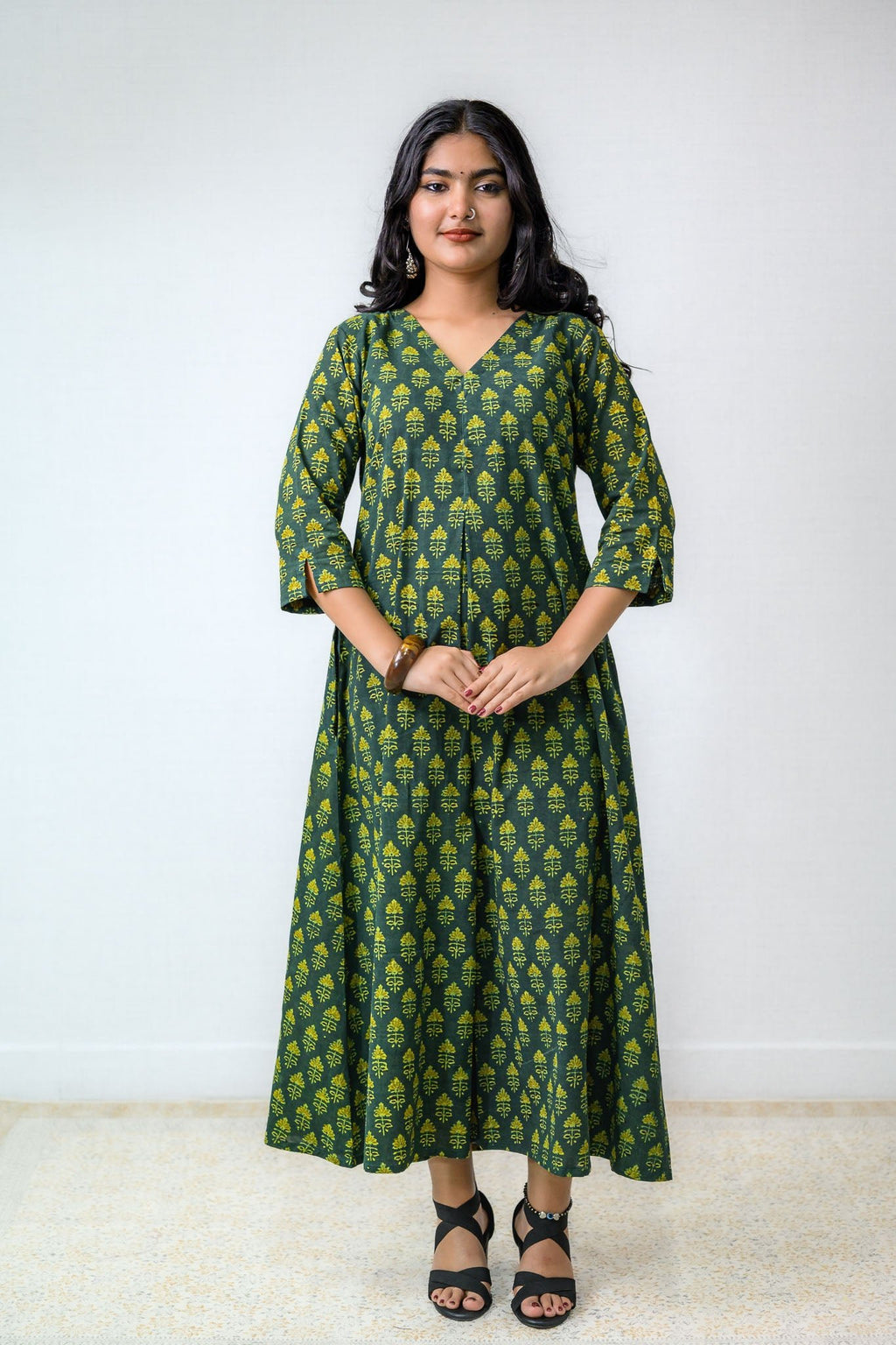 Green Tulips Ajrakh Cotton Dress - Lobha Deepthis