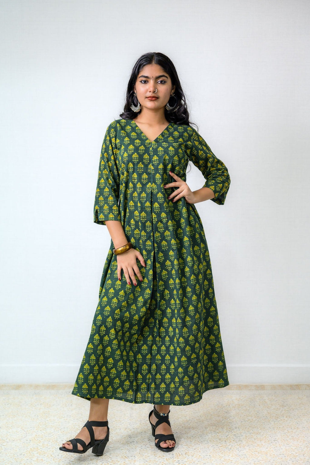 Green Tulips Ajrakh Cotton Dress - Lobha Deepthis
