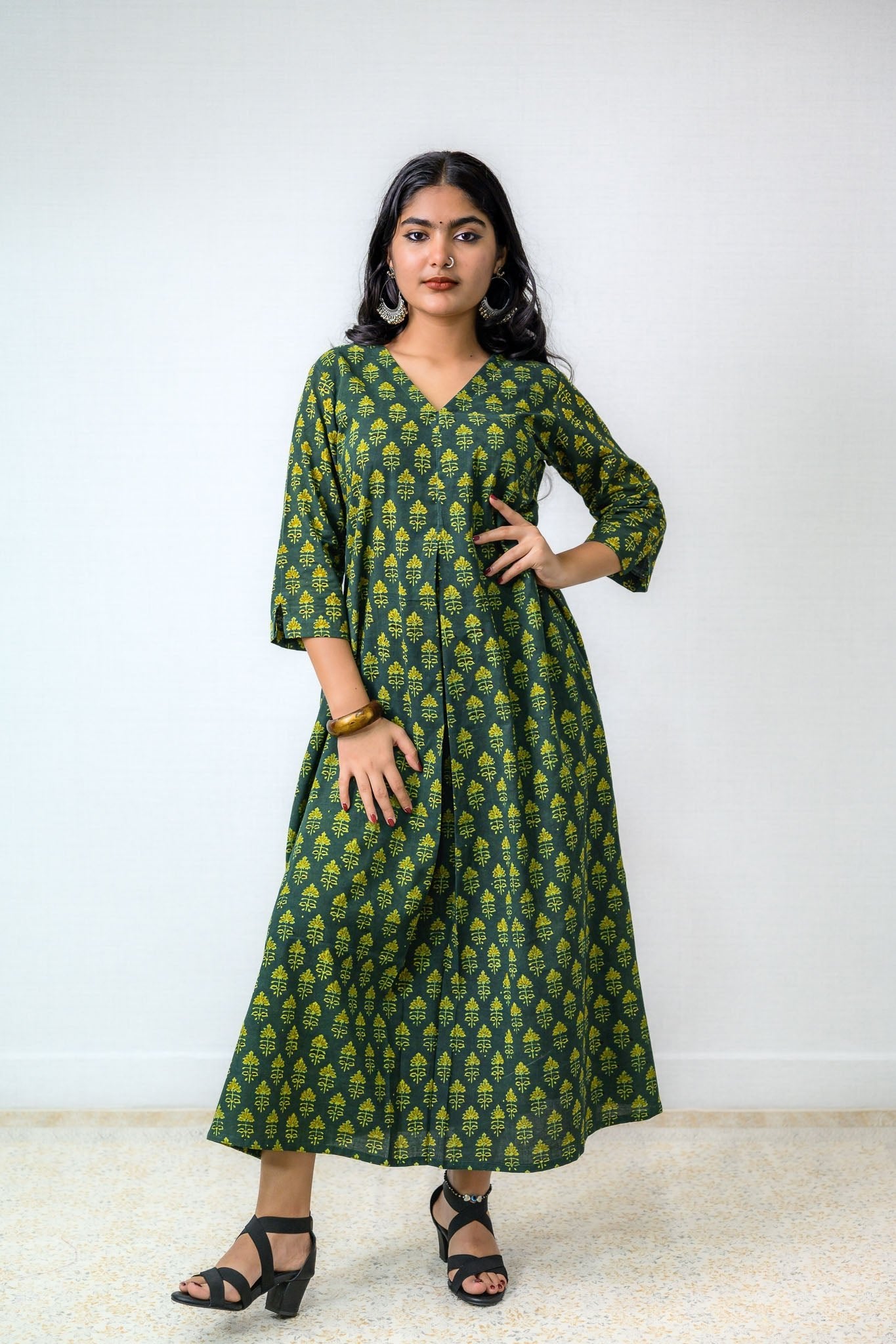 Green Tulips Ajrakh Cotton Dress - Lobha Deepthis