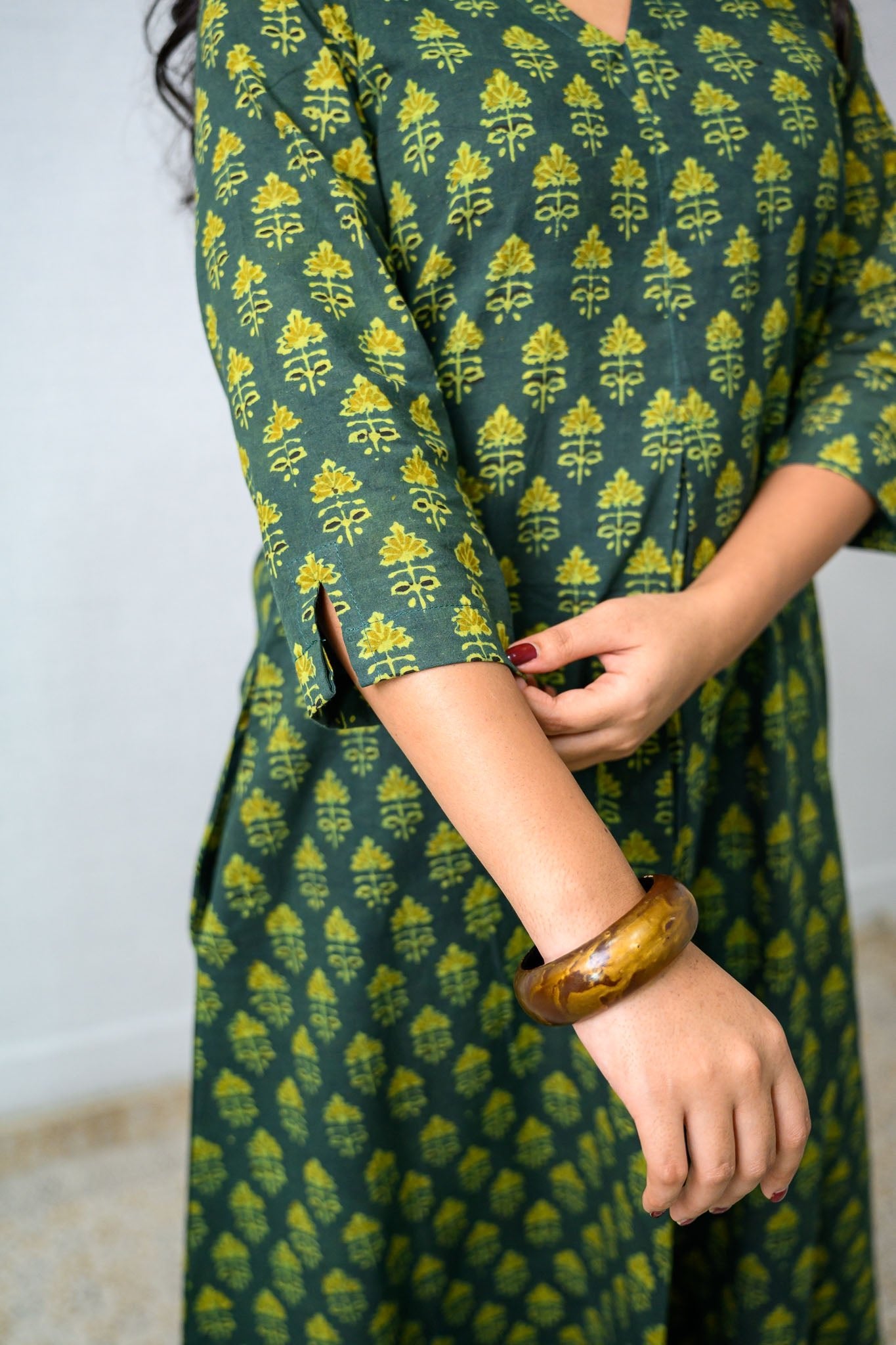 Green Tulips Ajrakh Cotton Dress - Lobha Deepthis