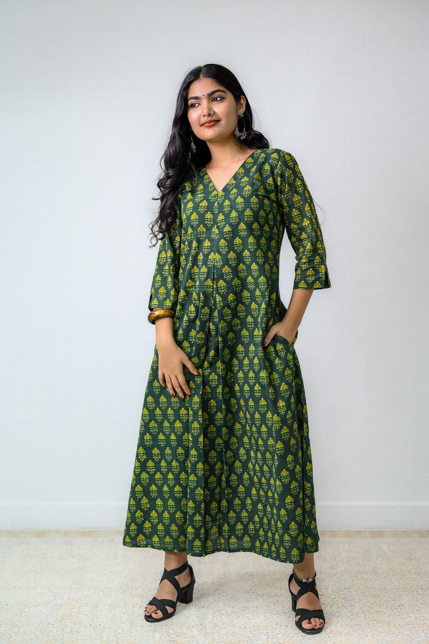 Green Tulips Ajrakh Cotton Dress - Lobha Deepthis