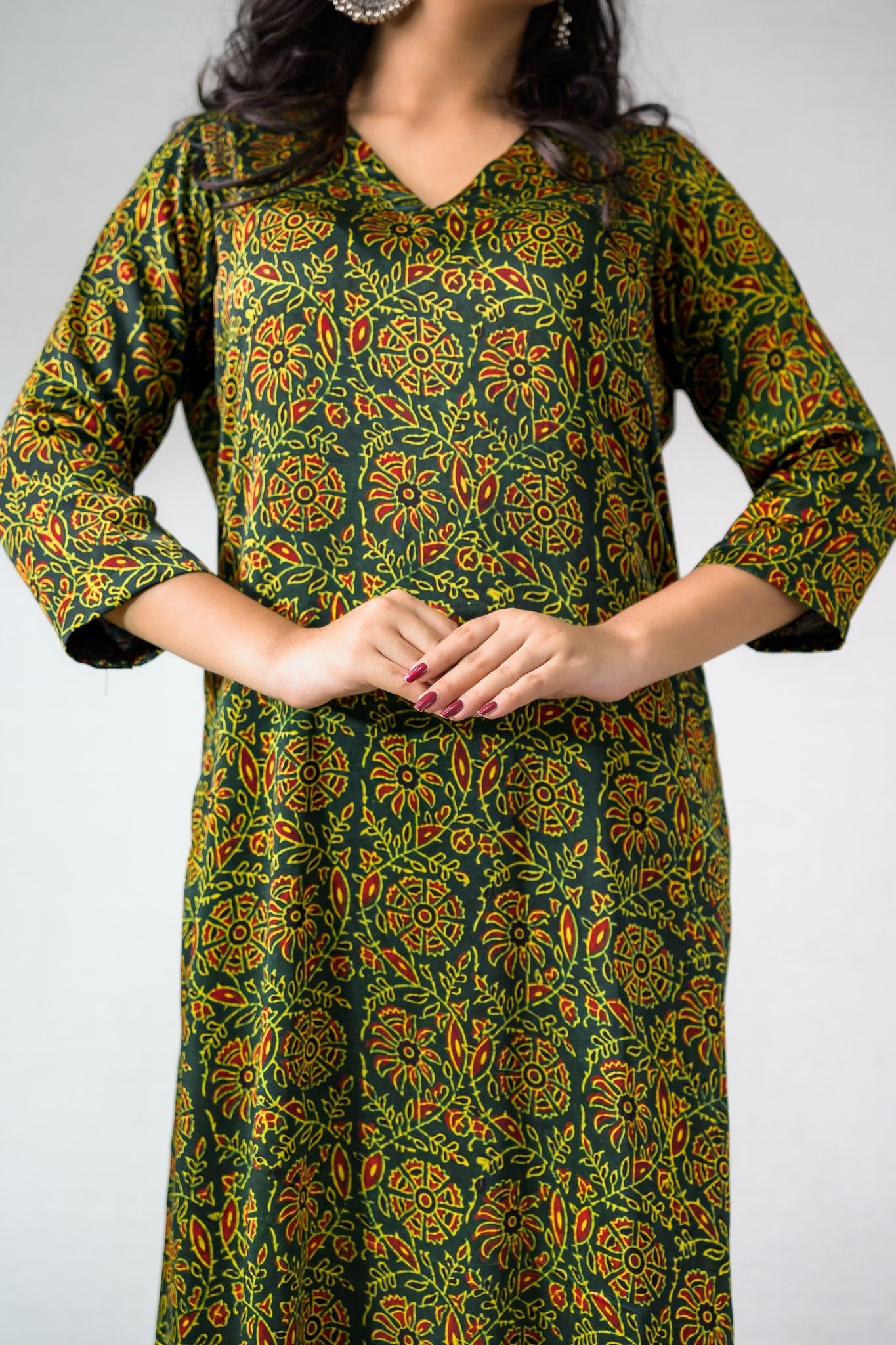 Green Vines Modal Ajrakh Kurta - Lobha Deepthis