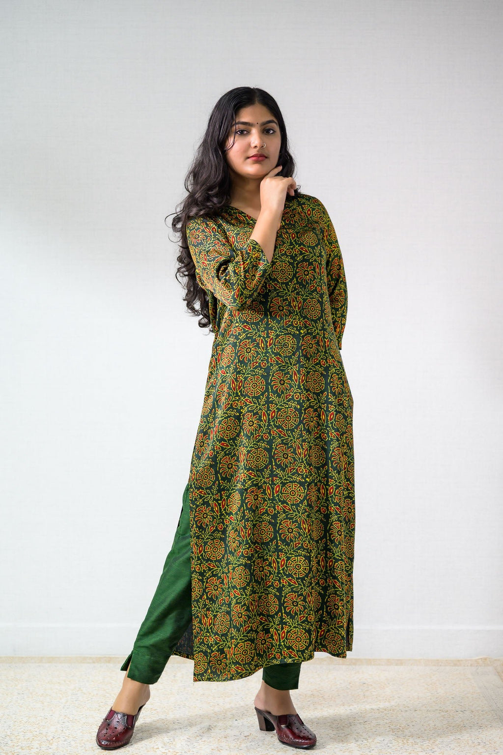 Green Vines Modal Ajrakh Kurta - Lobha Deepthis