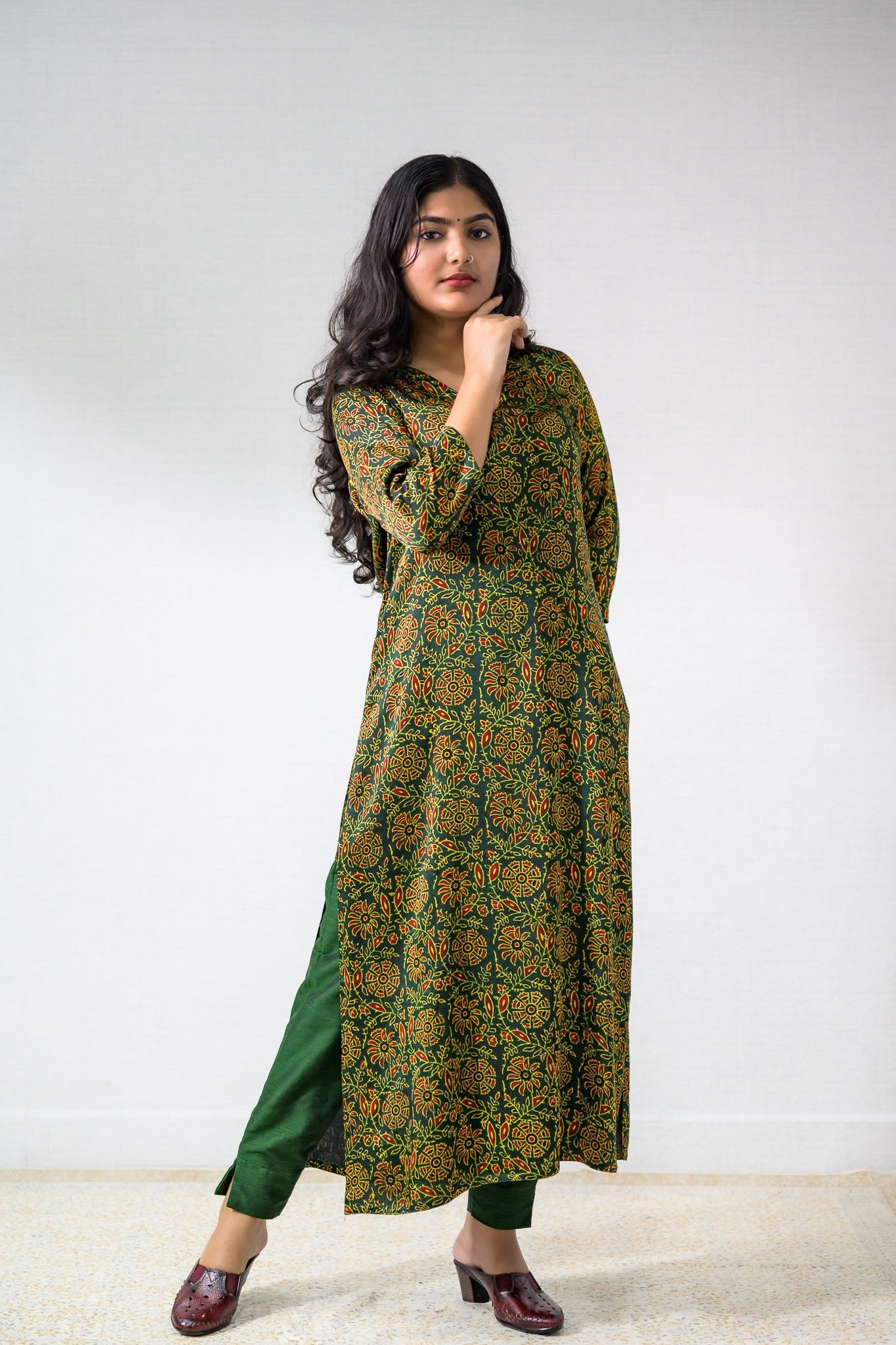 Green Vines Modal Ajrakh Kurta - Lobha Deepthis