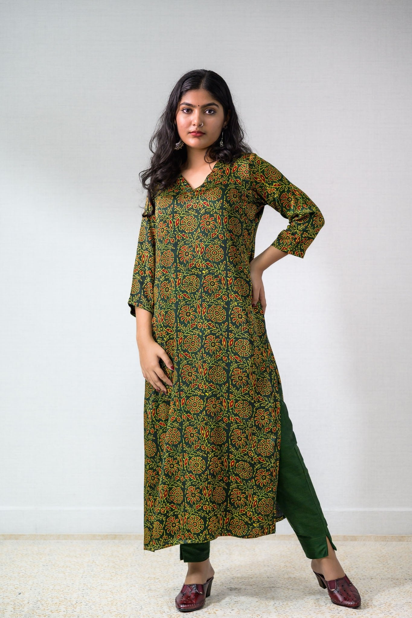 Green Vines Modal Ajrakh Kurta - Lobha Deepthis