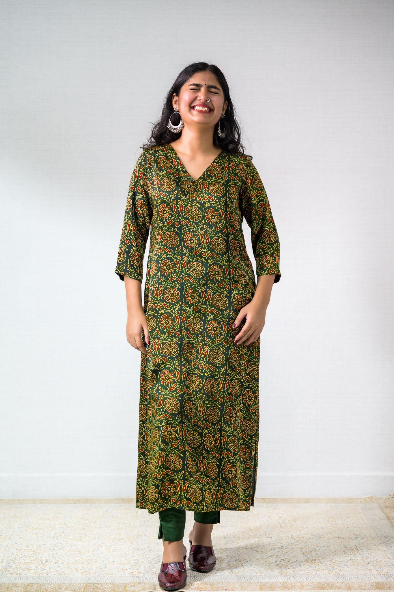 Green Vines Modal Ajrakh Kurta - Lobha Deepthis