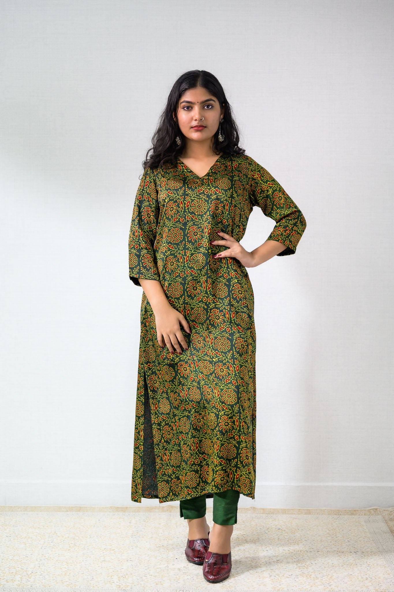 Green Vines Modal Ajrakh Kurta - Lobha Deepthis