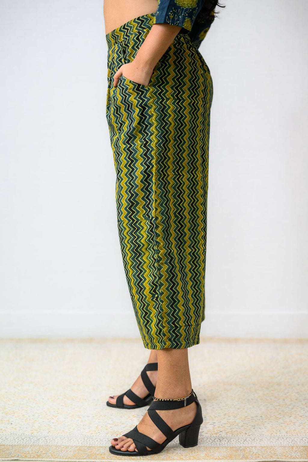Green - Yellow Zig Zag Ajrakh Short Palazzo - Lobha Deepthis