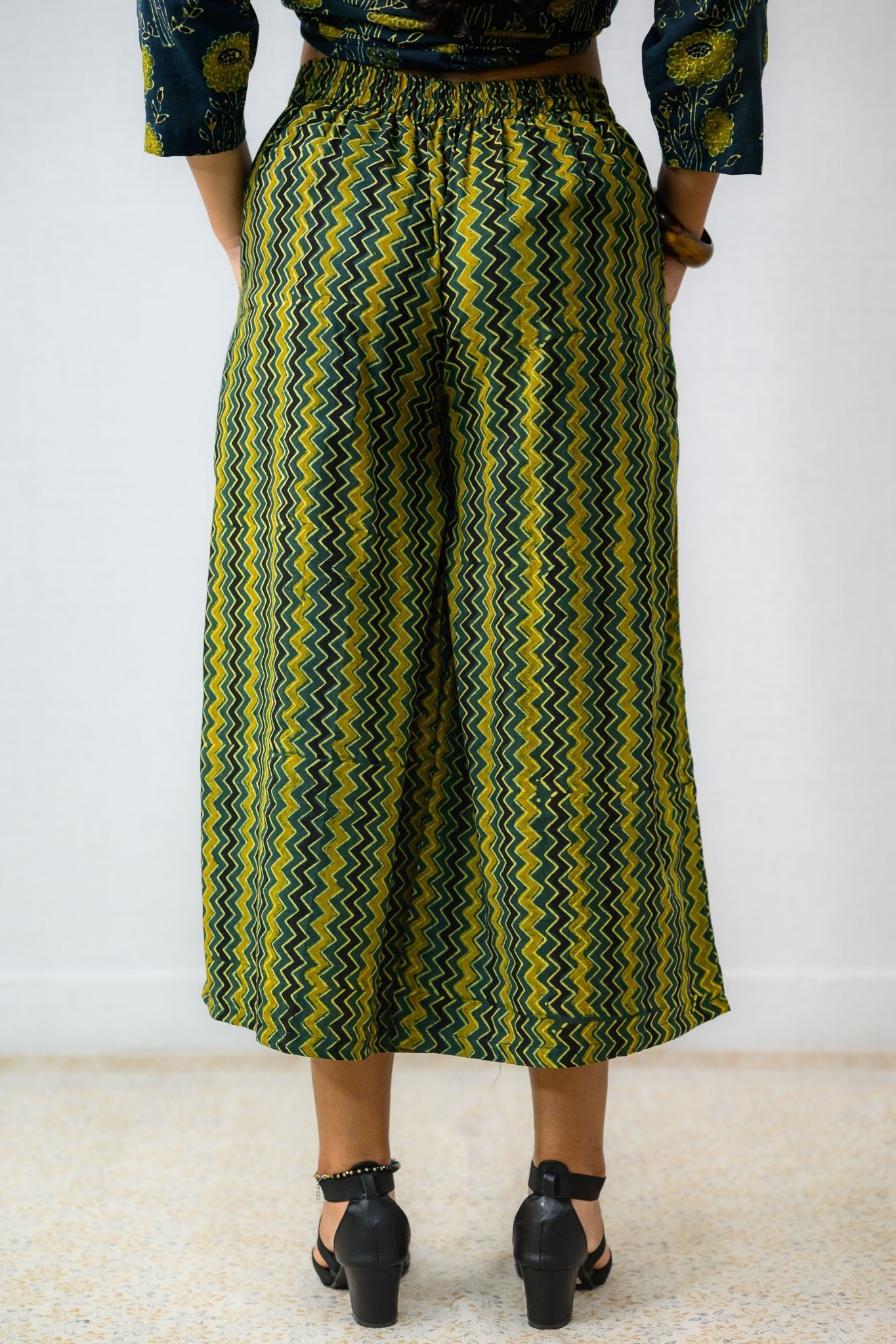 Green - Yellow Zig Zag Ajrakh Short Palazzo - Lobha Deepthis