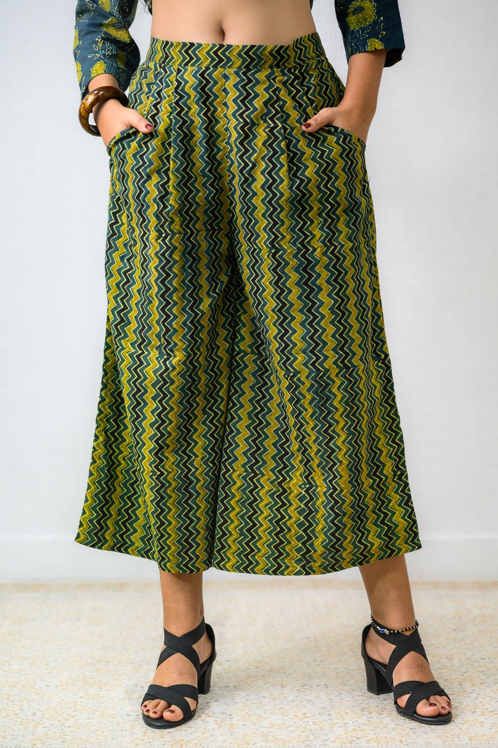 Green - Yellow Zig Zag Ajrakh Short Palazzo - Lobha Deepthis