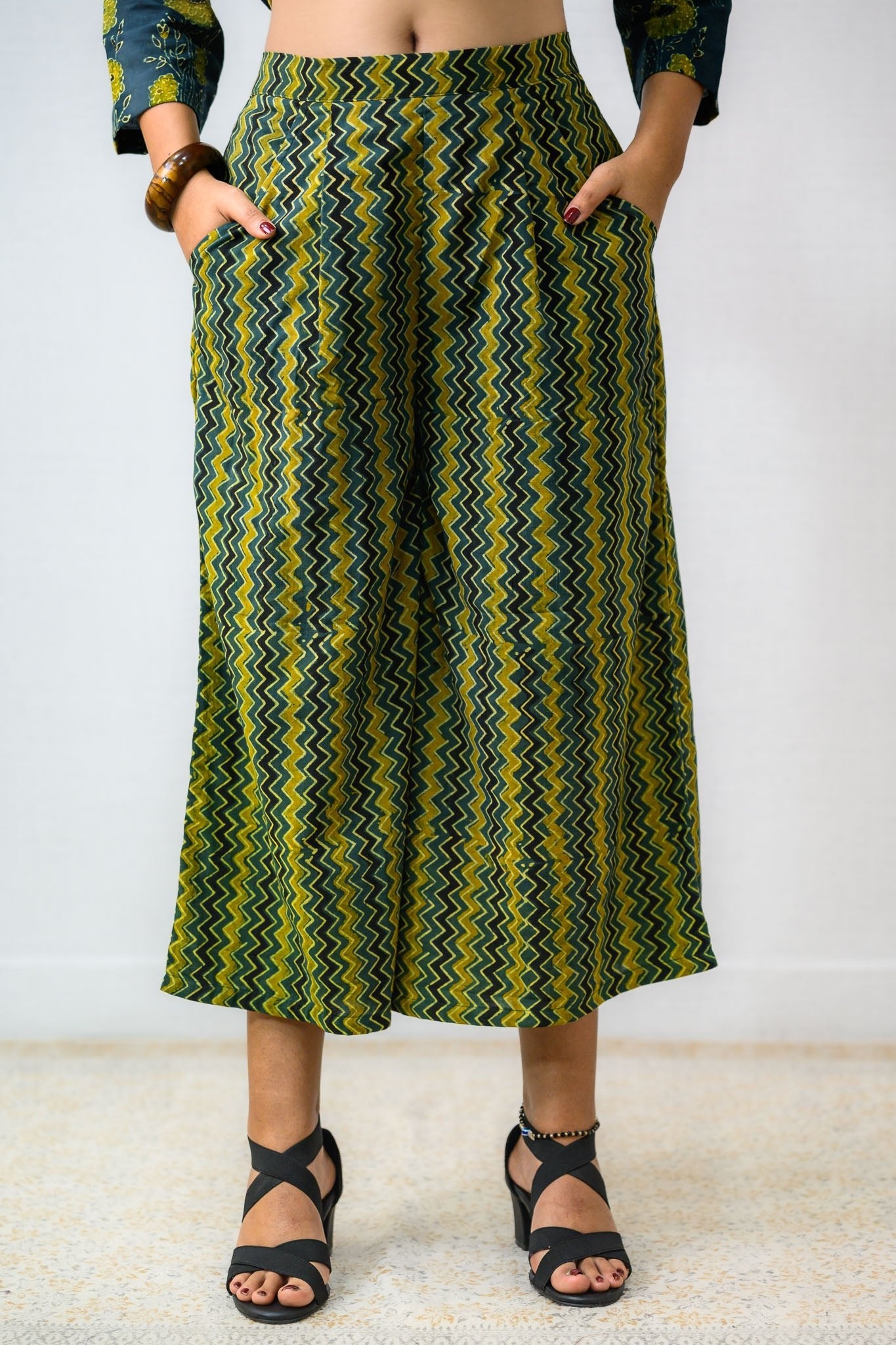 Green - Yellow Zig Zag Ajrakh Short Palazzo - Lobha Deepthis