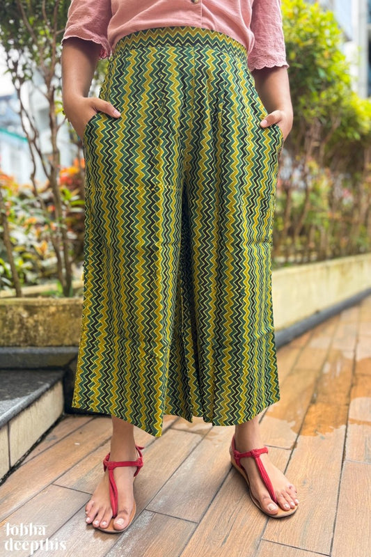 Green - Yellow Zig Zag Ajrakh Short Palazzo - Lobha Deepthis