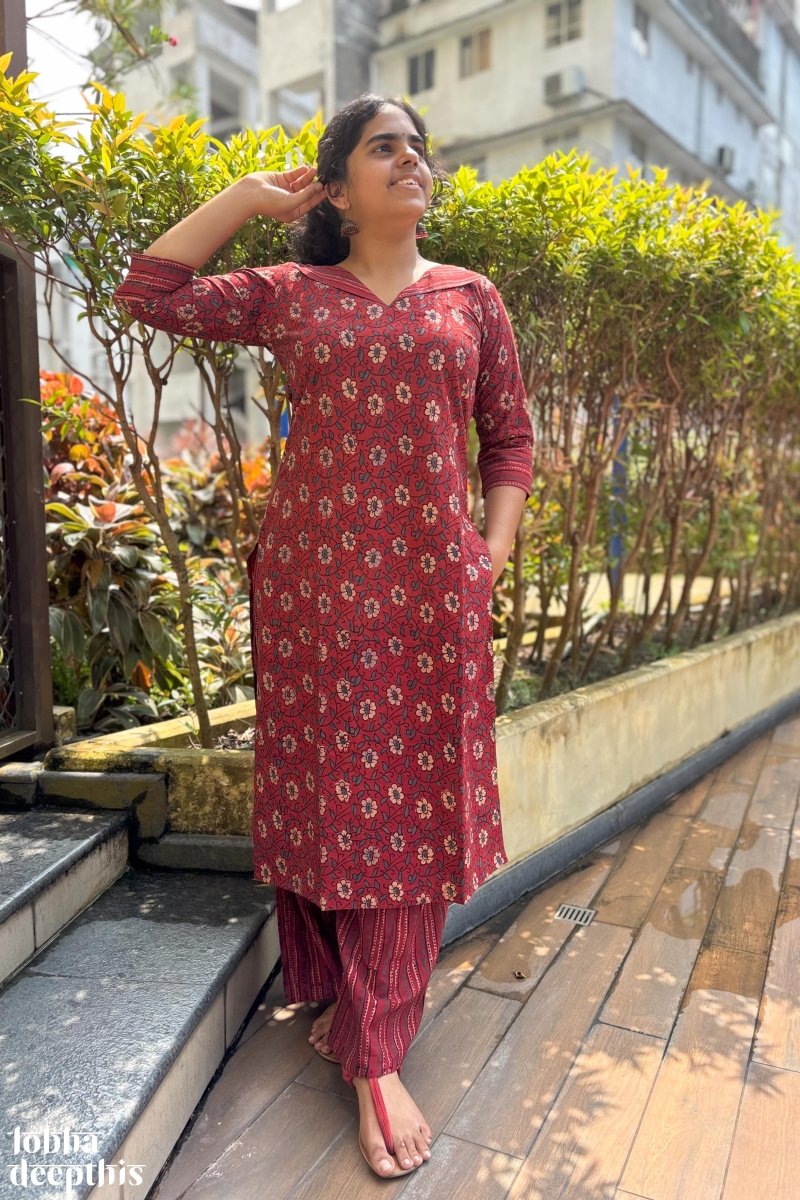 Gulnaar Madder Red Straight Kurta - Lobha Deepthis