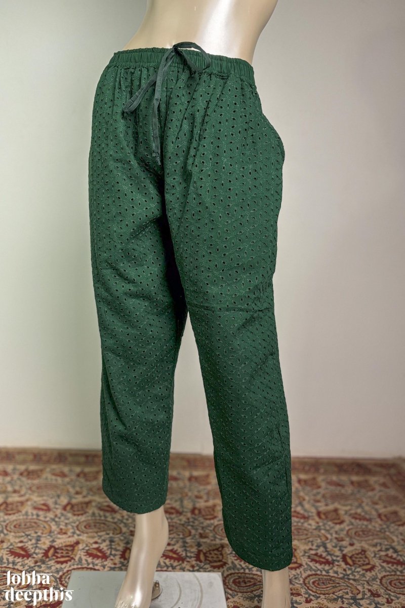 Hakoba Bottle Green Pure Cotton Straight Pants - Lobha Deepthis