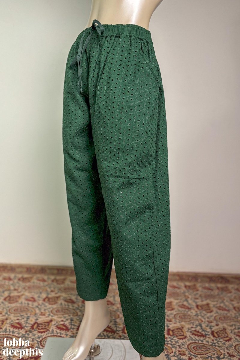 Hakoba Bottle Green Pure Cotton Straight Pants - Lobha Deepthis