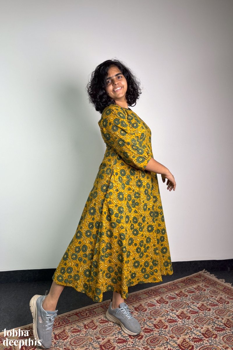 Haldi Blooms Ajrakh Dress - Lobha Deepthis