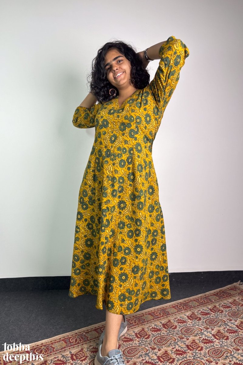 Haldi Blooms Ajrakh Dress - Lobha Deepthis