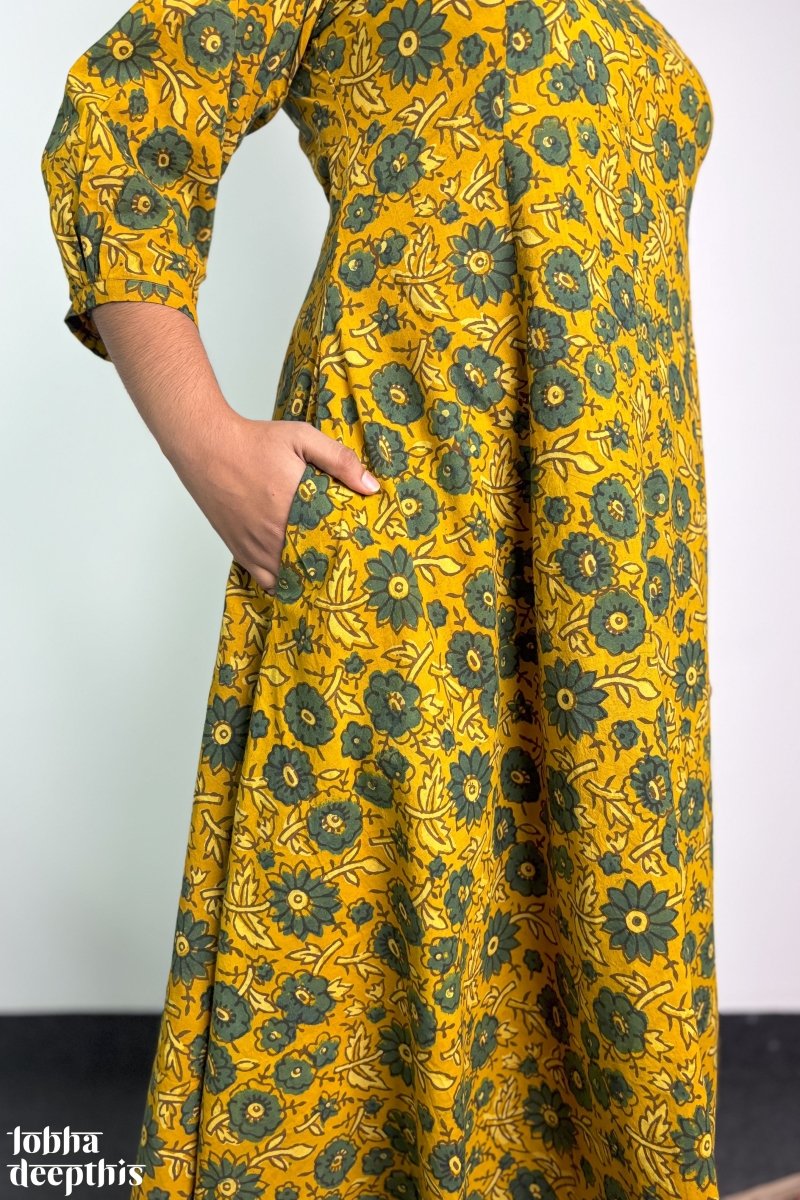 Haldi Blooms Ajrakh Dress - Lobha Deepthis