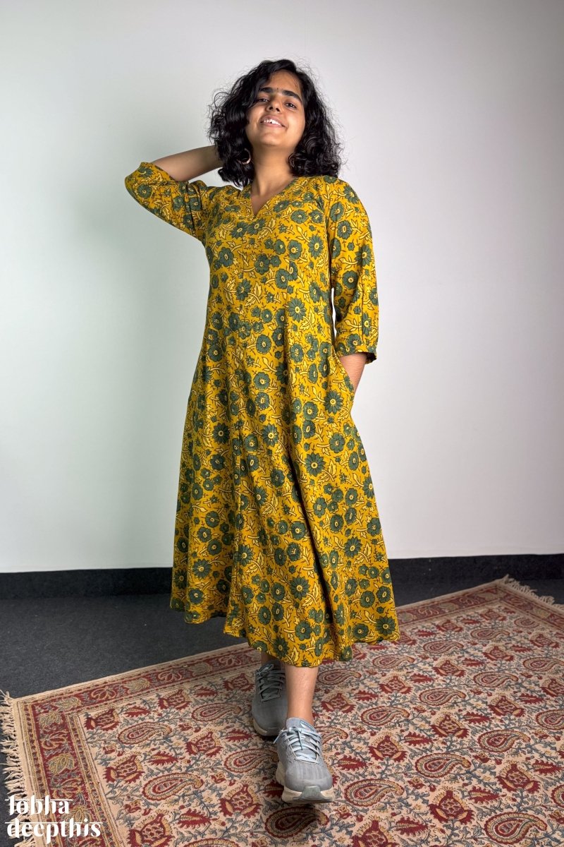 Haldi Blooms Ajrakh Dress - Lobha Deepthis