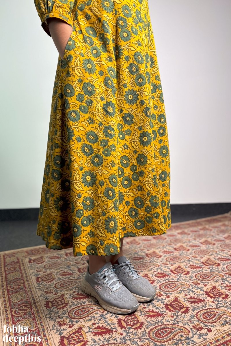 Haldi Blooms Ajrakh Dress - Lobha Deepthis
