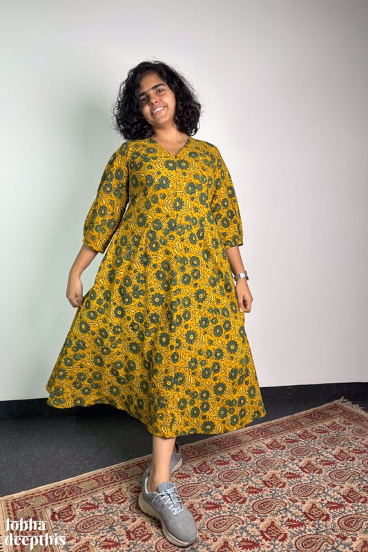 Haldi Blooms Ajrakh Dress - Lobha Deepthis