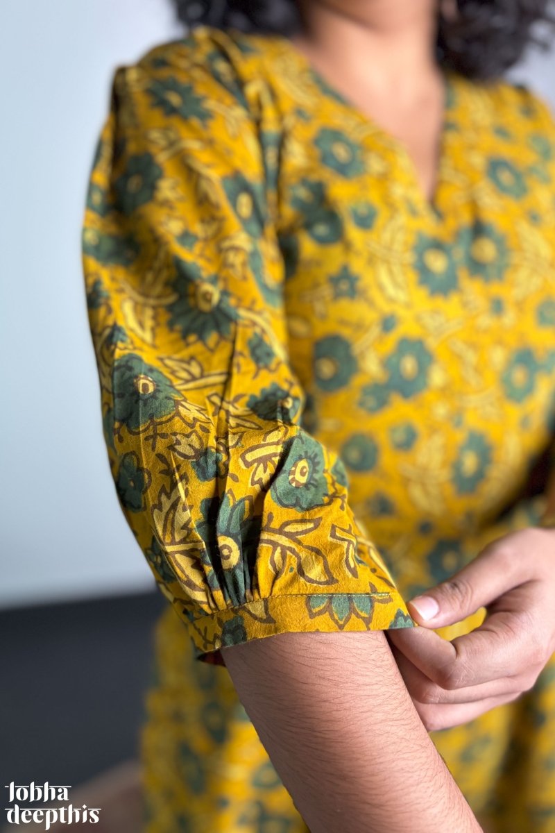 Haldi Blooms Ajrakh Dress - Lobha Deepthis