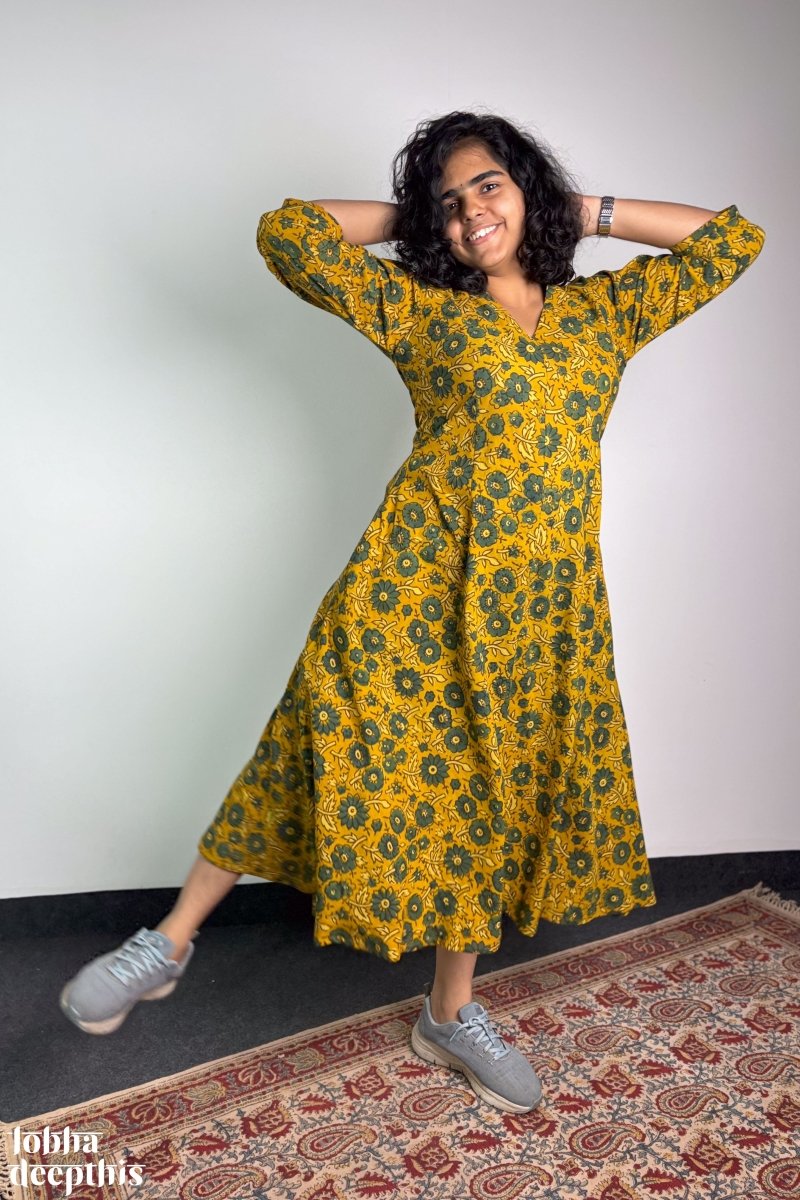 Haldi Blooms Ajrakh Dress - Lobha Deepthis