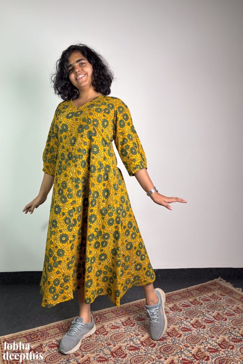 Haldi Blooms Ajrakh Dress - Lobha Deepthis
