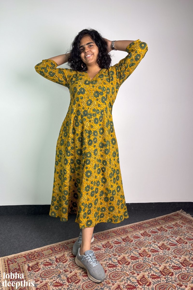 Haldi Blooms Ajrakh Dress - Lobha Deepthis