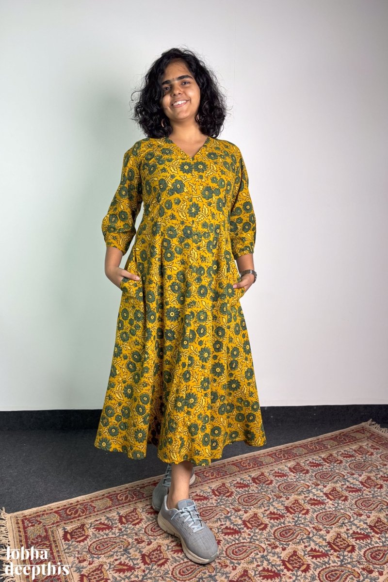 Haldi Blooms Ajrakh Dress - Lobha Deepthis