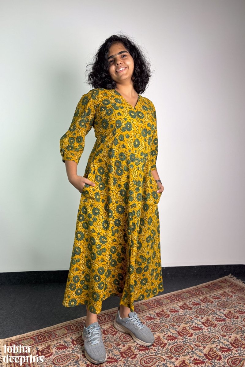 Haldi Blooms Ajrakh Dress - Lobha Deepthis