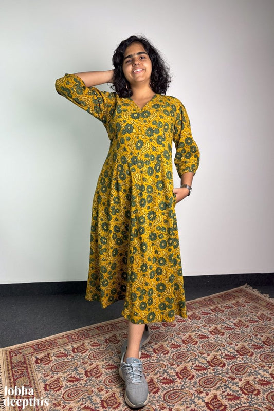 Haldi Blooms Ajrakh Dress - Lobha Deepthis