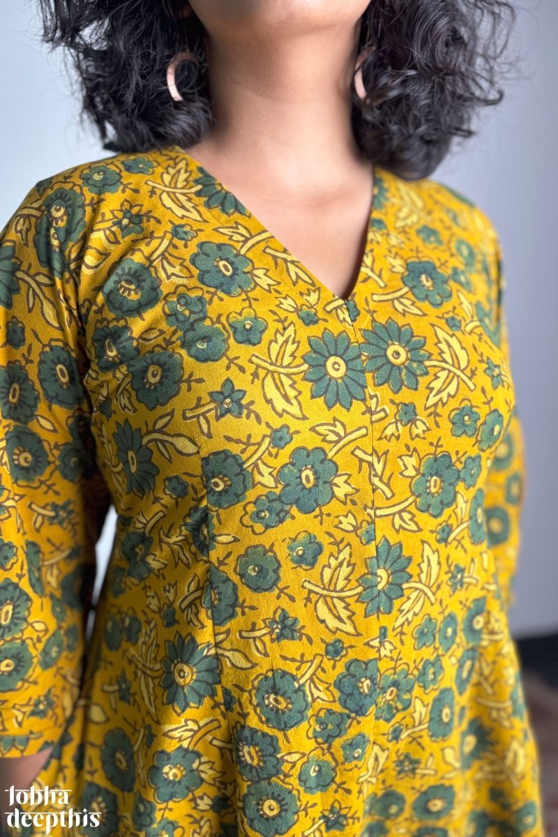 Haldi Blooms Ajrakh Dress - Lobha Deepthis