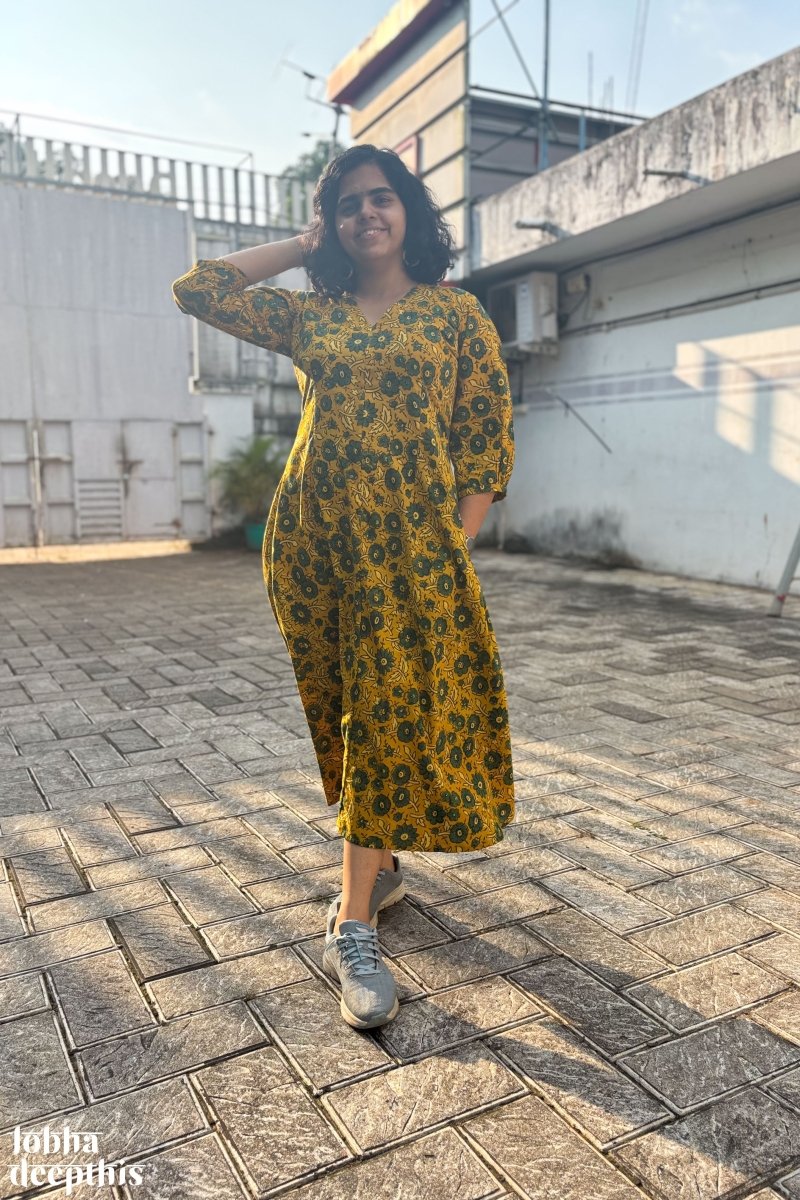Haldi Blooms Ajrakh Dress - Lobha Deepthis