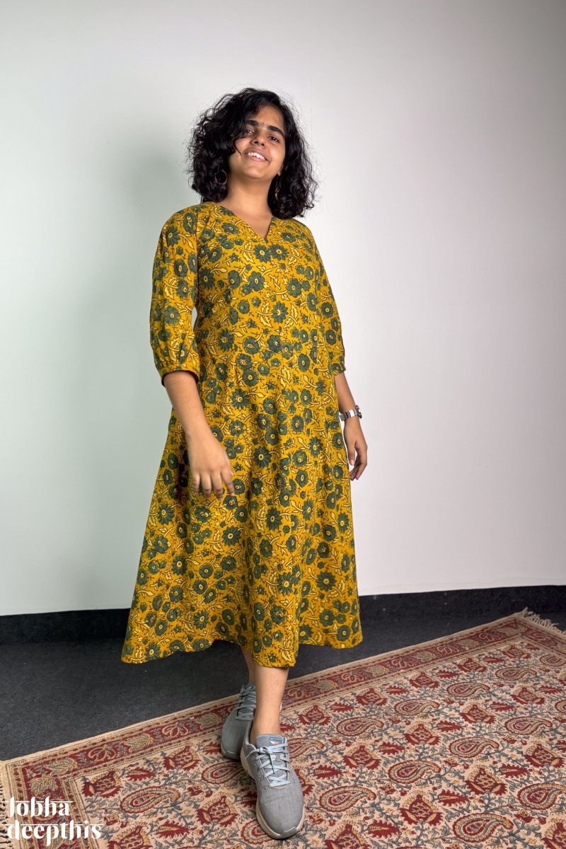 Haldi Blooms Ajrakh Dress - Lobha Deepthis
