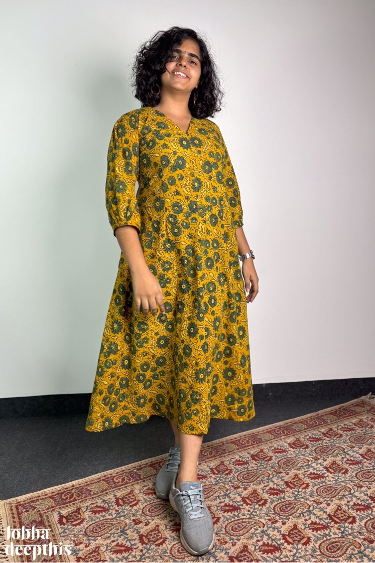 Haldi Blooms Ajrakh Fit & Flare Dress