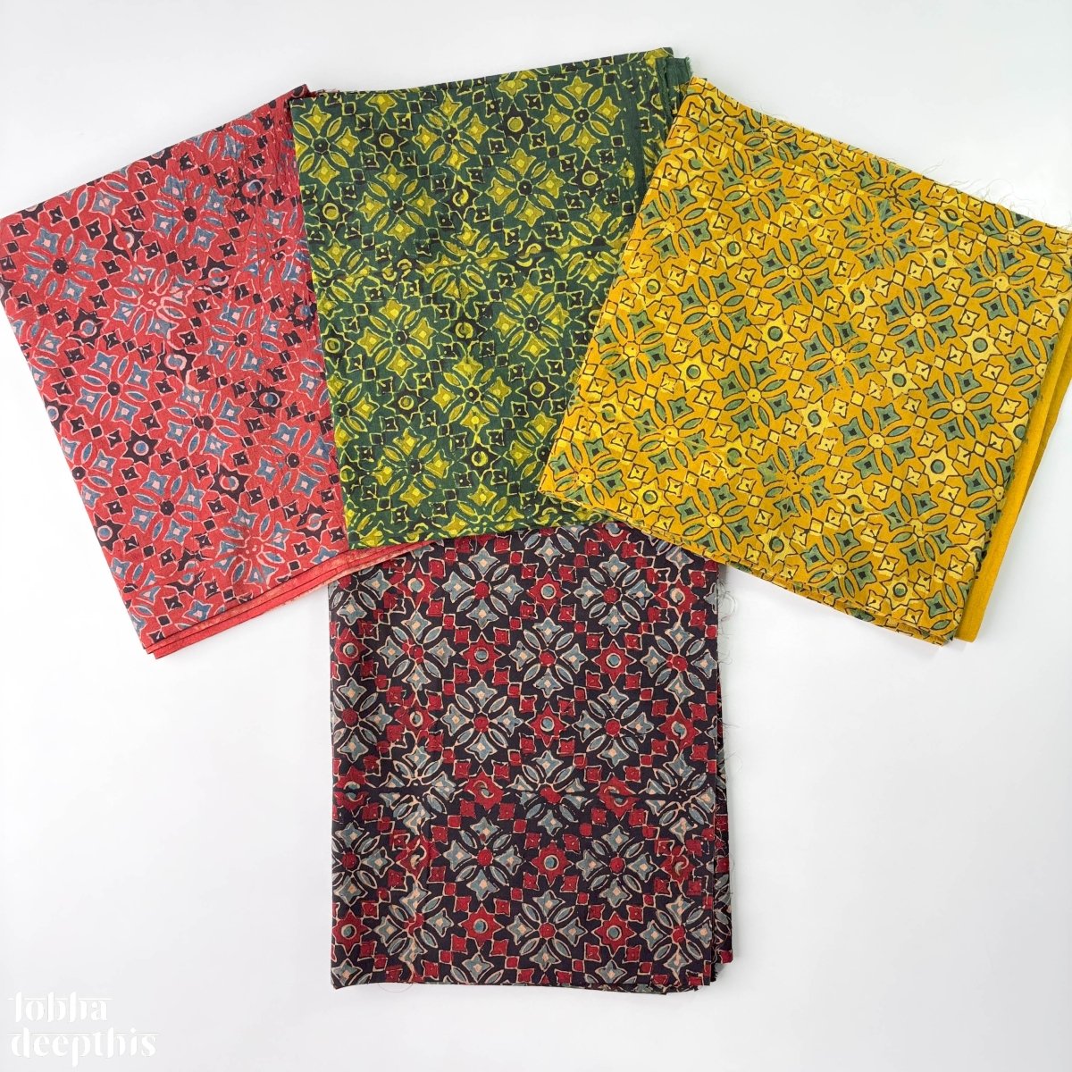 Hand Block Printed Ajrakh Cotton Fabric in 4 Shades - Lobha Deepthis