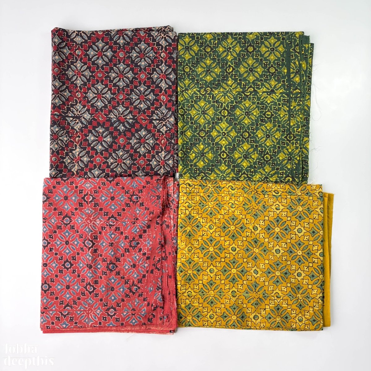 Hand Block Printed Ajrakh Cotton Fabric in 4 Shades - Lobha Deepthis