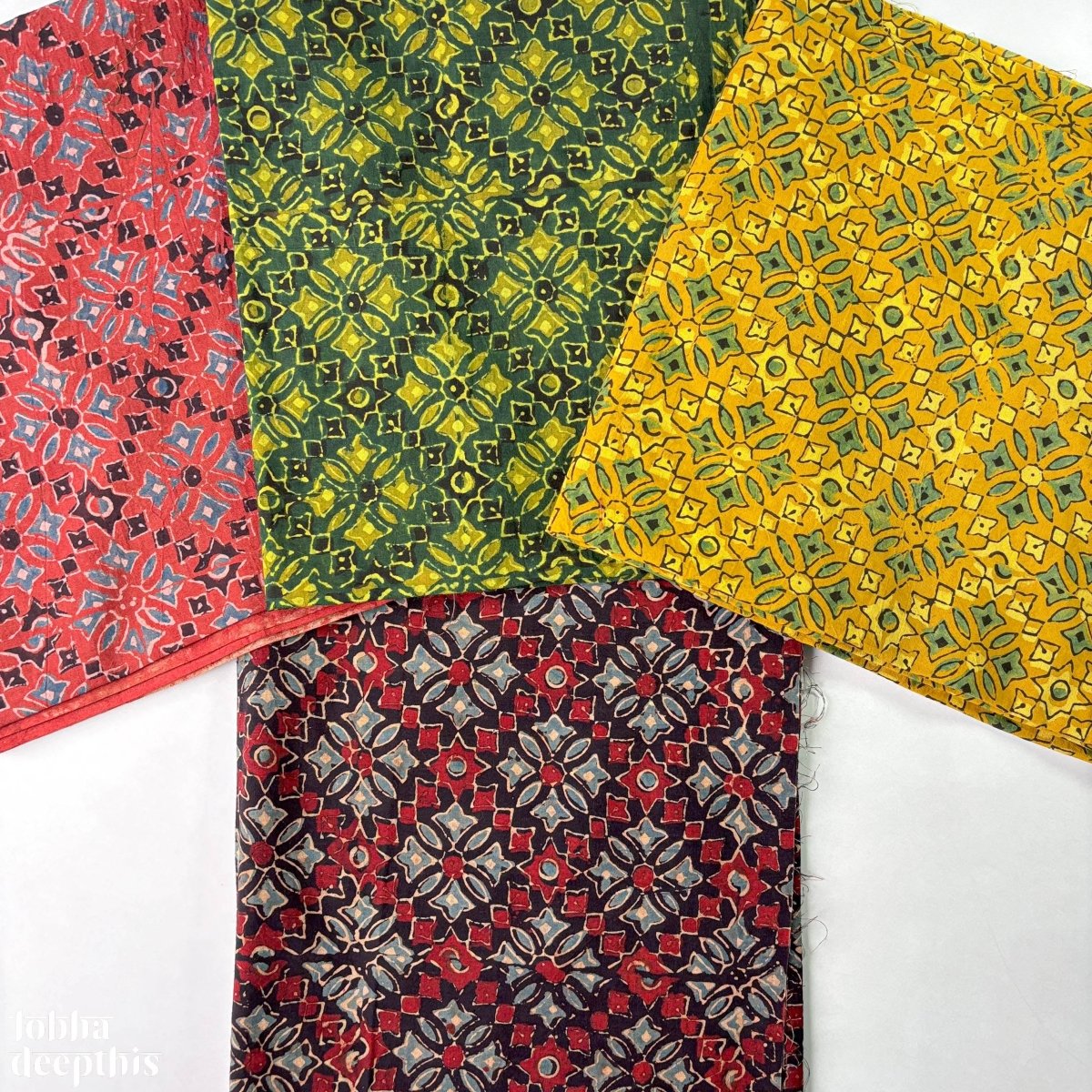 Hand Block Printed Ajrakh Cotton Fabric in 4 Shades - Lobha Deepthis