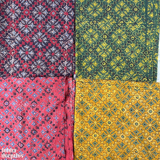 Hand Block Printed Ajrakh Cotton Fabric in 4 Shades - Lobha Deepthis