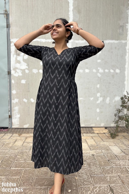 Ikkat in Black Side Pleated Dress - Lobha Deepthis